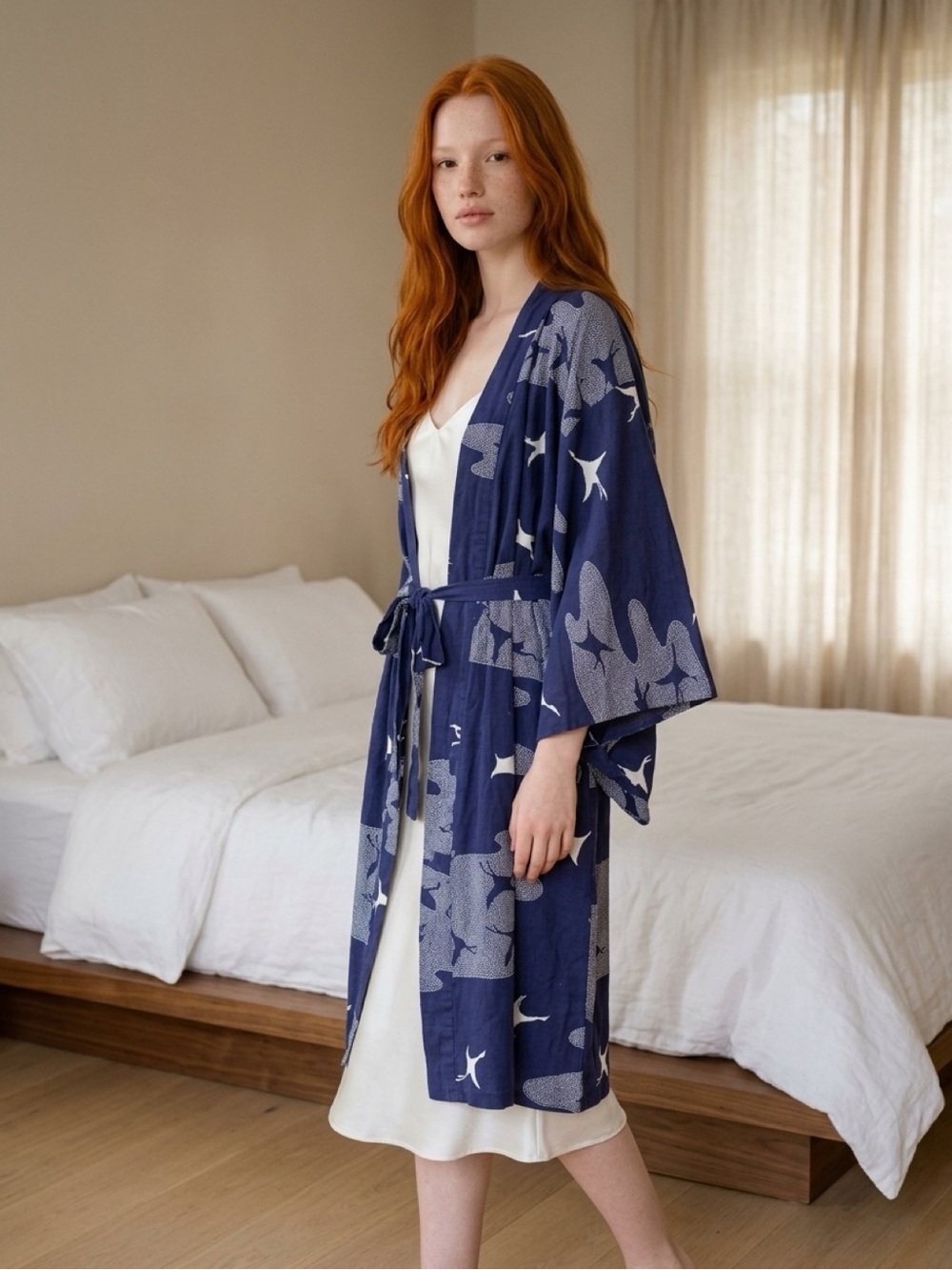 Vintage PR in Tokyo Japanese Cotton Kimono Robe Navy Crane Print Belted 58”